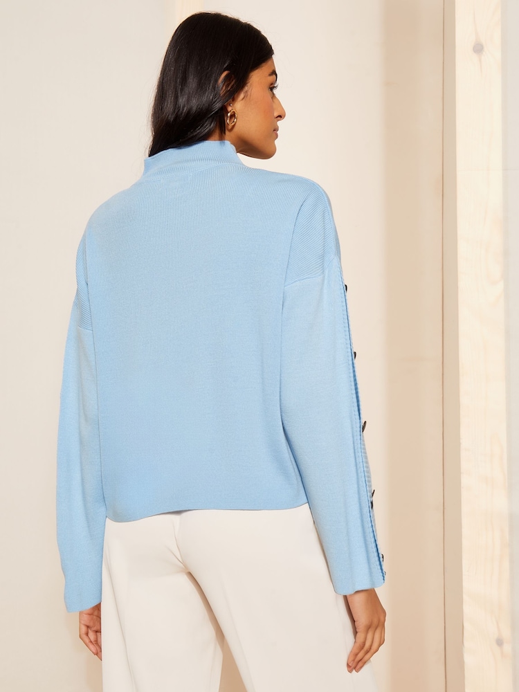 Friends Like These Blue Flute Sleeve Button Funnel Neck Knit Jumper - Image 4 of 4