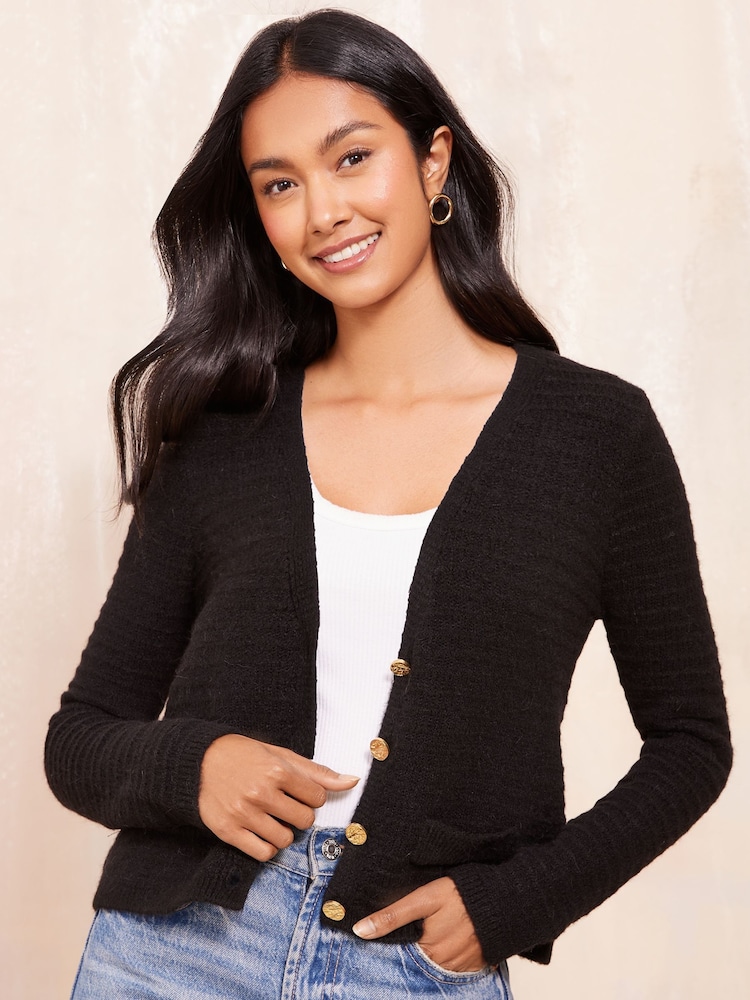 Friends Like These Black Textured V-Neck Knitted Cardigan - Image 1 of 4 Friends Like These Black Textured V-Neck Knitted Cardigan - Image 1 of 4