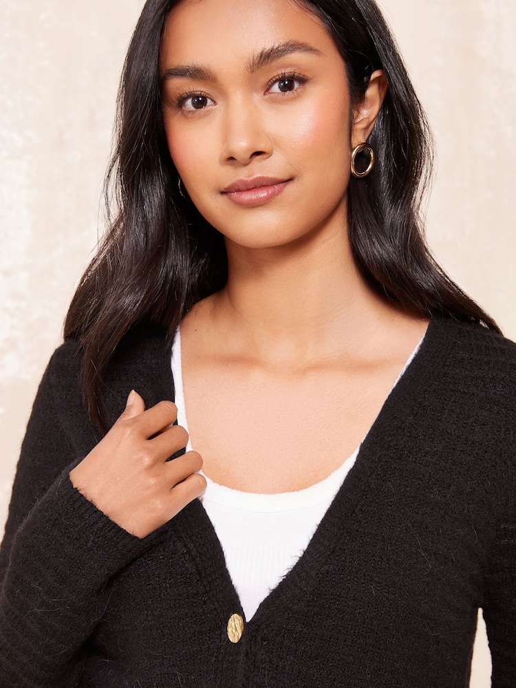 Friends Like These Black Textured V-Neck Knitted Cardigan - Image 2 of 4 Friends Like These Black Textured V-Neck Knitted Cardigan - Image 2 of 4