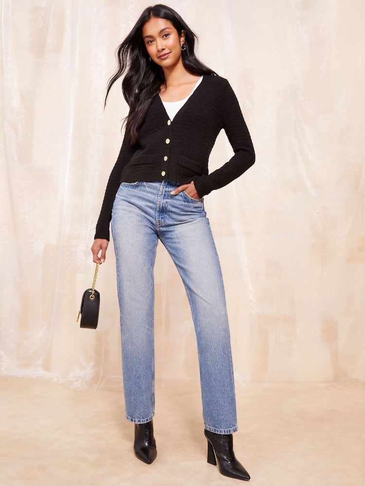 Friends Like These Black Textured V-Neck Knitted Cardigan - Image 3 of 4