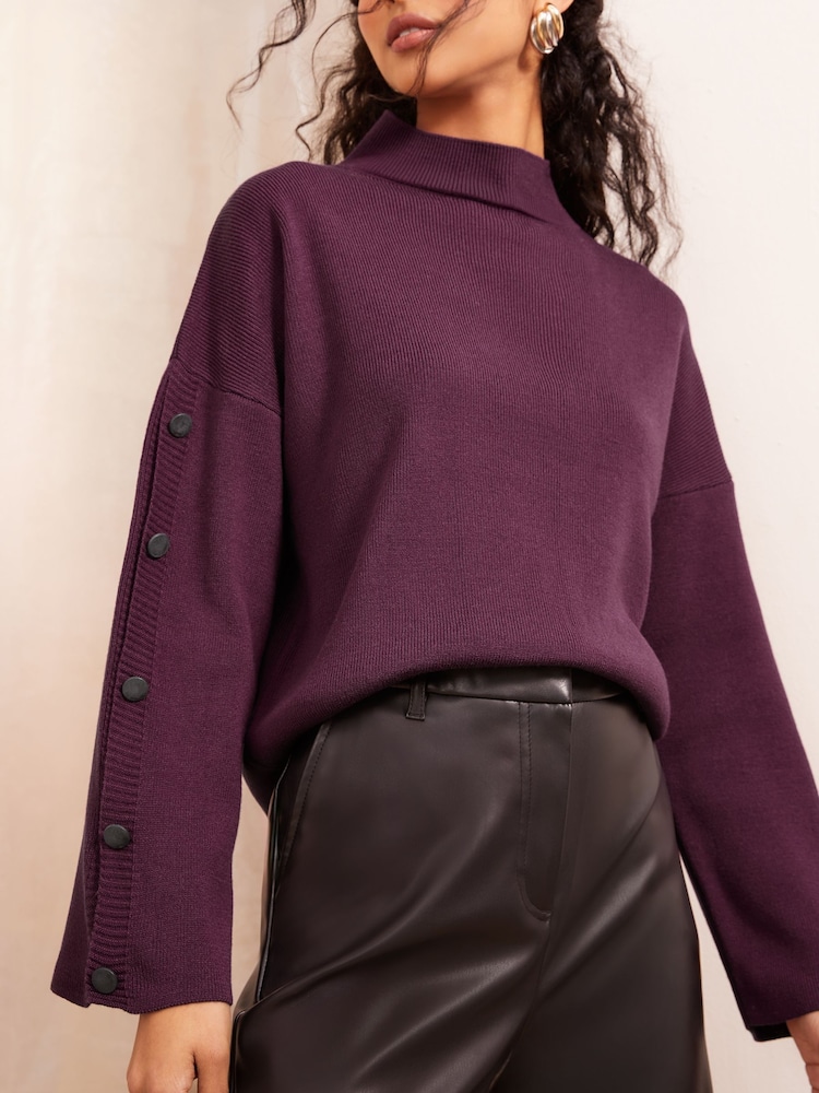 Friends Like These Purple Flute Sleeve Button Funnel Neck Knit Jumper - Image 1 of 4