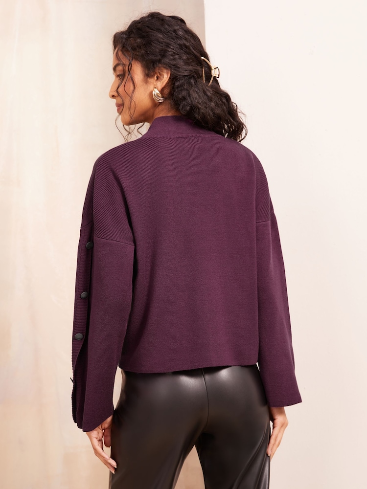 Friends Like These Purple Flute Sleeve Button Funnel Neck Knit Jumper - Image 4 of 4