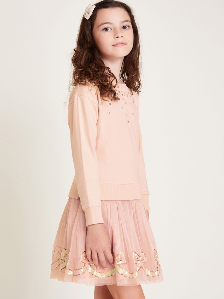 Monsoon Pink Sequin Bow Sweatshirt Dress - Image 1 of 4