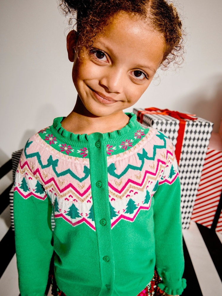 Monsoon Green Christmas Fair Isle Pattern Cardigan - Image 2 of 6