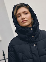 Navy Blue Shower Resistant Padded Hooded Longline Coat - Image 4 of 9