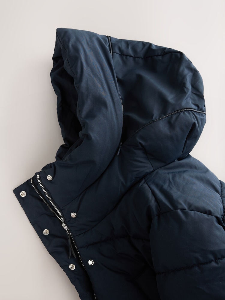 Navy Blue Shower Resistant Padded Hooded Longline Coat - Image 9 of 9