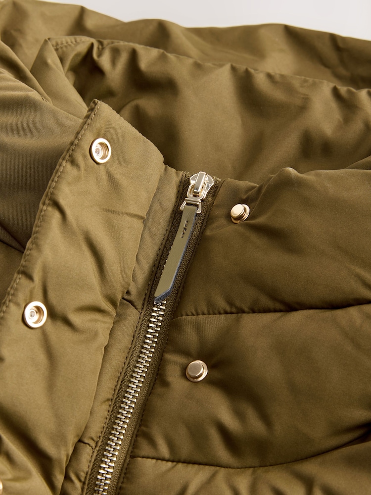 Khaki Green Shower Resistant Padded Hooded Longline Coat - Image 12 of 12