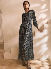 Navy Blue Long Sleeve Tie Waist Crew Neck Maxi Dress - Image 1 of 9