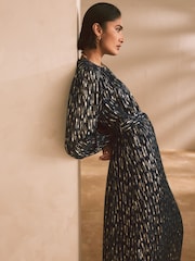 Navy Blue Long Sleeve Tie Waist Crew Neck Maxi Dress - Image 2 of 9