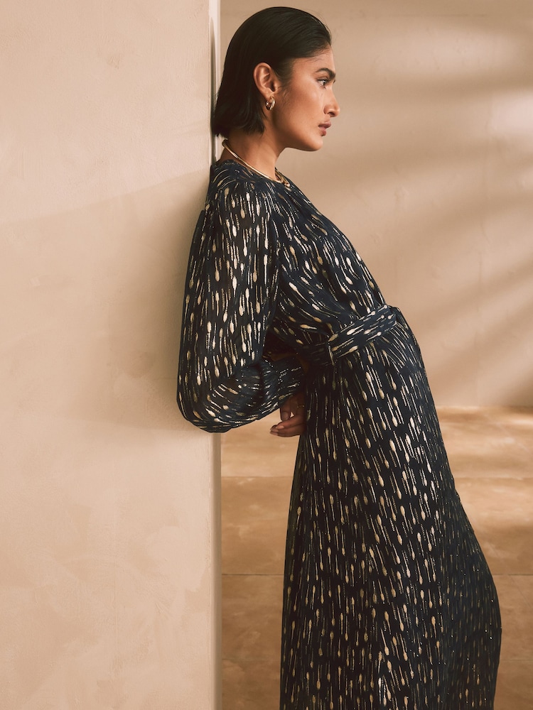Navy Blue Long Sleeve Tie Waist Crew Neck Maxi Dress - Image 2 of 9
