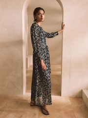 Navy Blue Long Sleeve Tie Waist Crew Neck Maxi Dress - Image 3 of 9