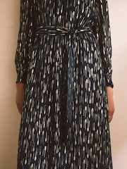 Navy Blue Long Sleeve Tie Waist Crew Neck Maxi Dress - Image 6 of 9