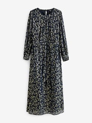 Navy Blue Long Sleeve Tie Waist Crew Neck Maxi Dress - Image 7 of 9
