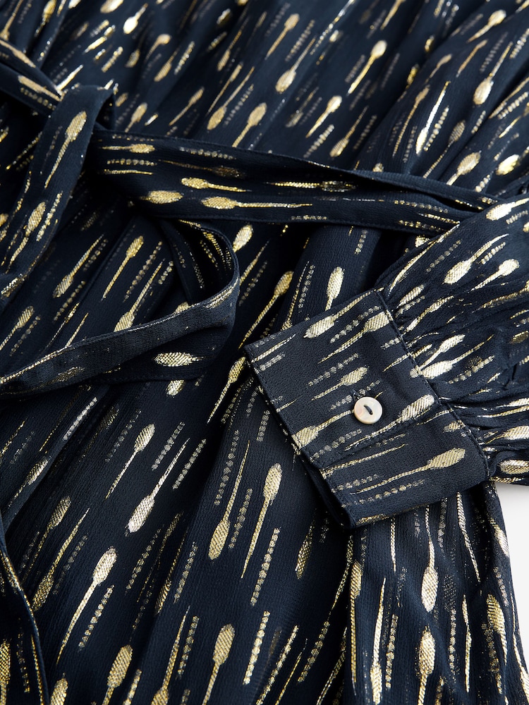 Navy Blue Long Sleeve Tie Waist Crew Neck Maxi Dress - Image 9 of 9