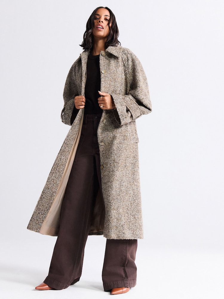 Neutral Houndstooth Single Breasted Longline Collared Coat - Image 2 of 5 Neutral Houndstooth Single Breasted Longline Collared Coat - Image 2 of 5