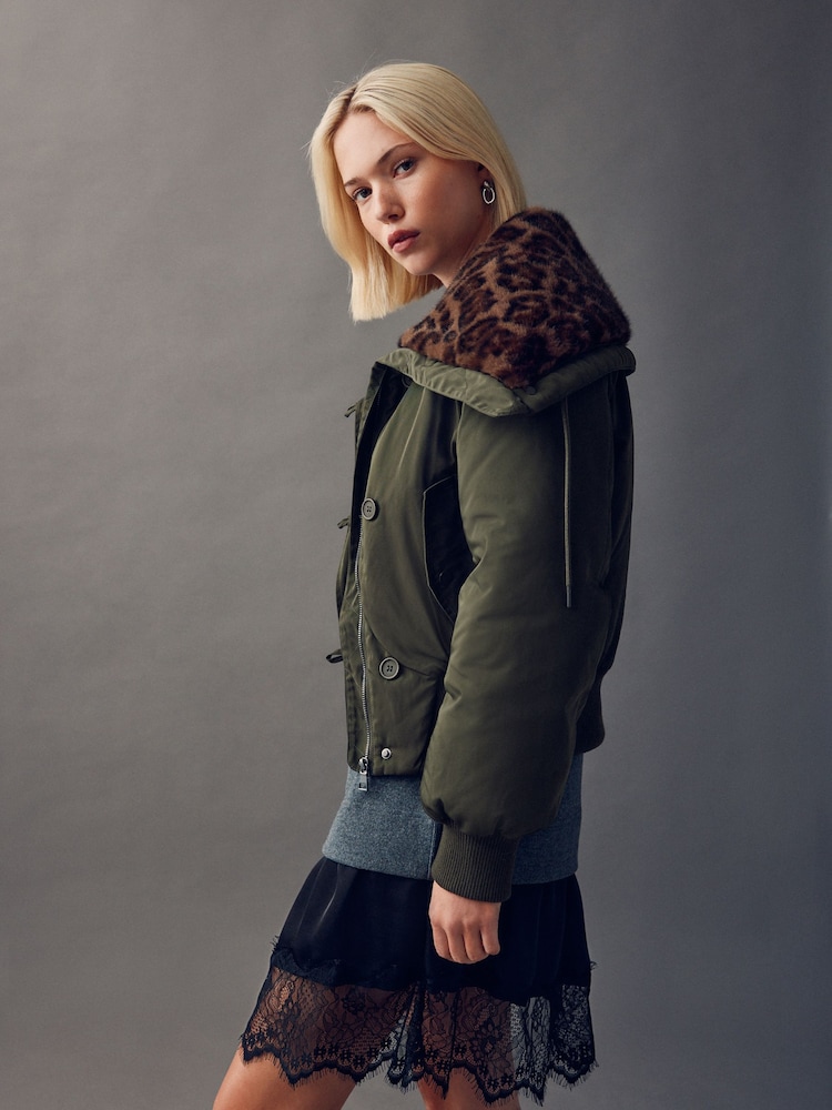 Khaki Green Parka with Animal Print Faux Fur Collar - Image 1 of 9
