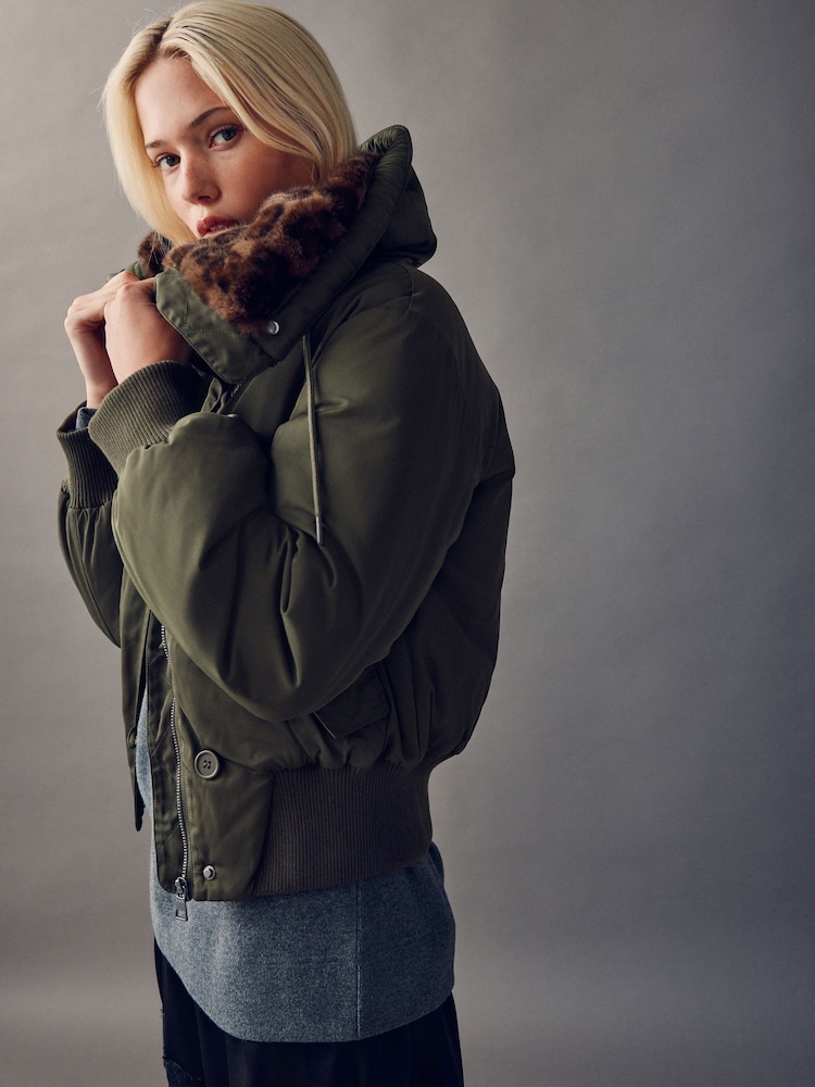 Khaki Green Parka with Animal Print Faux Fur Collar - Image 2 of 9