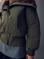 Khaki Green Parka with Animal Print Faux Fur Collar - Image 6 of 9