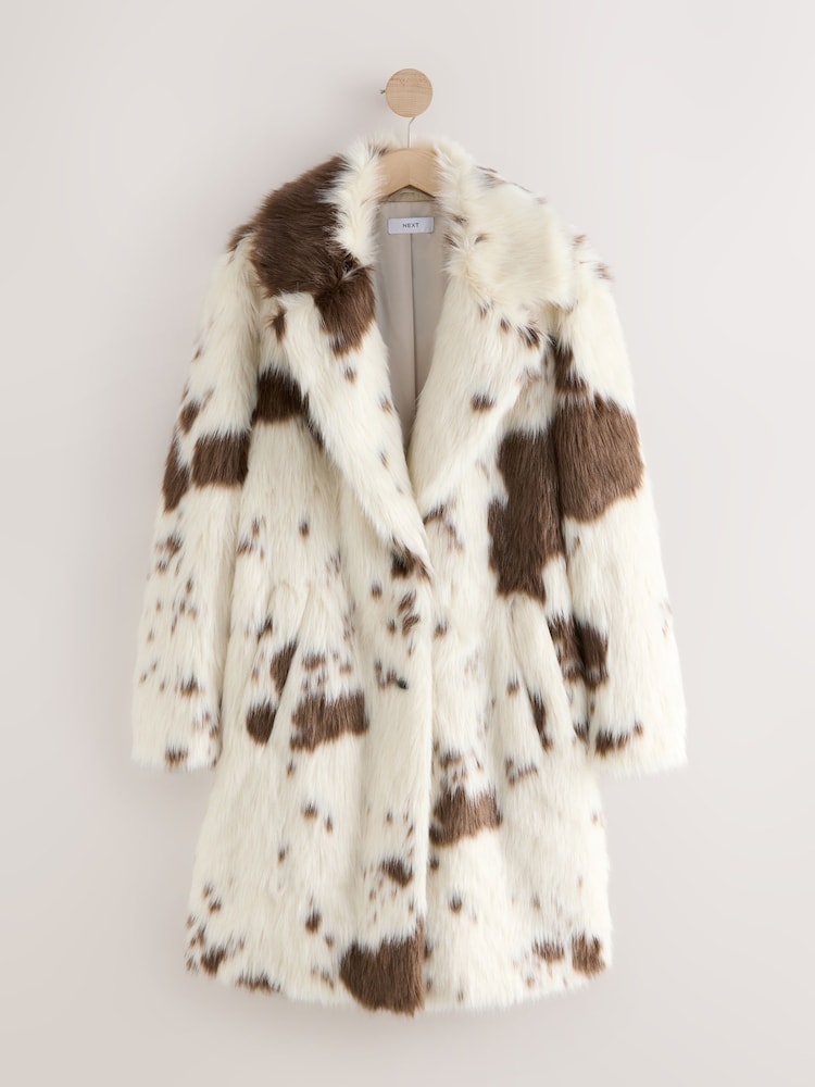 Cream Cow Print Faux Fur Coat - Image 1 of 3 Cream Cow Print Faux Fur Coat - Image 1 of 3