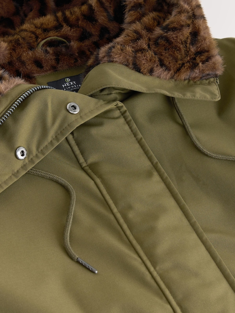 Khaki Green Parka with Animal Print Faux Fur Lining - Image 8 of 8 Khaki Green Parka with Animal Print Faux Fur Lining - Image 8 of 8