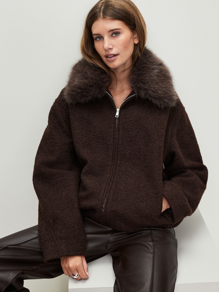 Chocolate Brown Coatigan Bomber Jacket with Detachable Faux Fur Collar - Image 1 of 8 Chocolate Brown Coatigan Bomber Jacket with Detachable Faux Fur Collar - Image 1 of 8