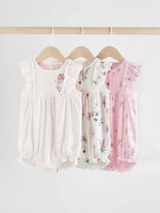 Pink Mouse and Floral Print Baby 100% Cotton Rompers 3 Pack - Image 1 of 11