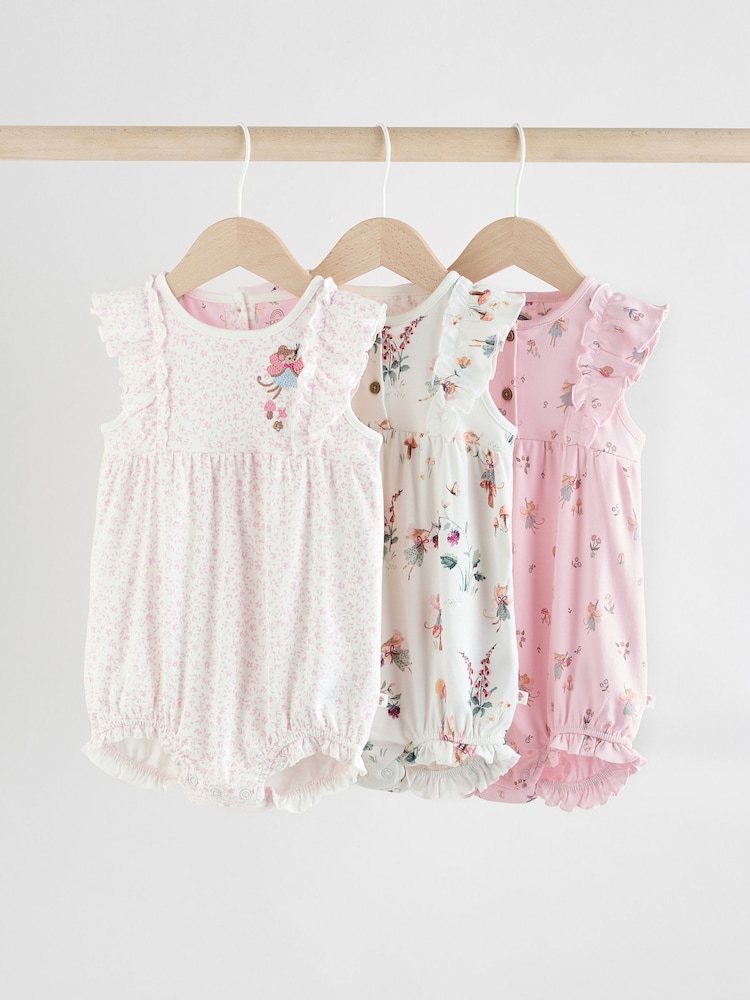 Pink Mouse and Floral Print Baby 100% Cotton Rompers 3 Pack - Image 1 of 11