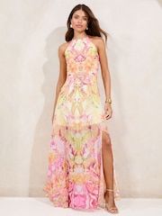 Lipsy Pink Printed Halter Chiffon Sleeveless Maxi Dress - Image 1 of 5