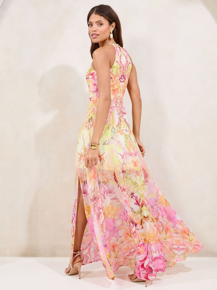 Lipsy Pink Printed Halter Chiffon Sleeveless Maxi Dress - Image 2 of 5