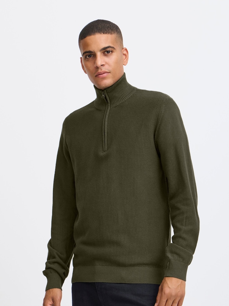 Blend Green 1/4 Zip Funnel Neck Knitted 100% Cotton Sweatshirt - Image 1 of 5