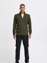 Blend Green 1/4 Zip Funnel Neck Knitted 100% Cotton Sweatshirt - Image 3 of 5