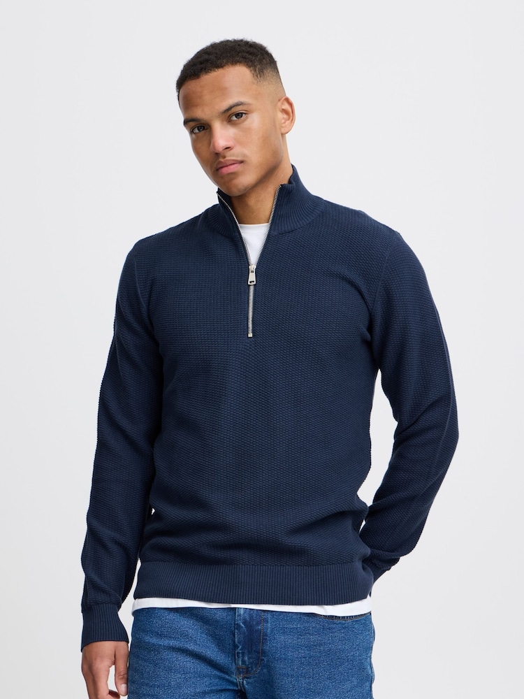 Blend Blue 1/4 Zip Funnel Neck Knitted 100% Cotton Sweatshirt - Image 1 of 5