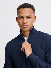 Blend Blue 1/4 Zip Funnel Neck Knitted 100% Cotton Sweatshirt - Image 4 of 5