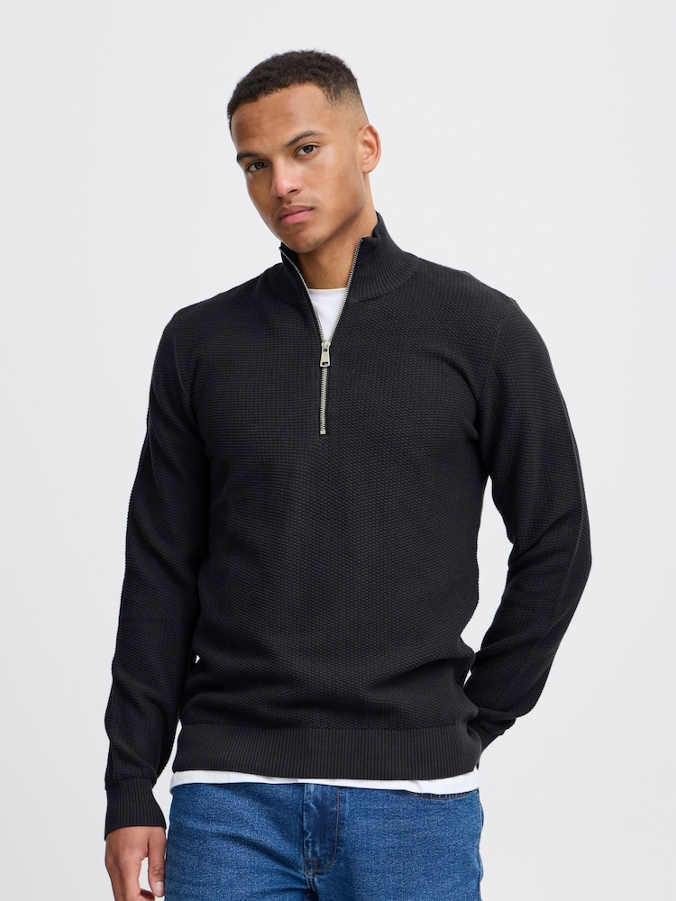 Blend Black 1/4 Zip Funnel Neck Knitted 100% Cotton Sweatshirt - Image 1 of 5