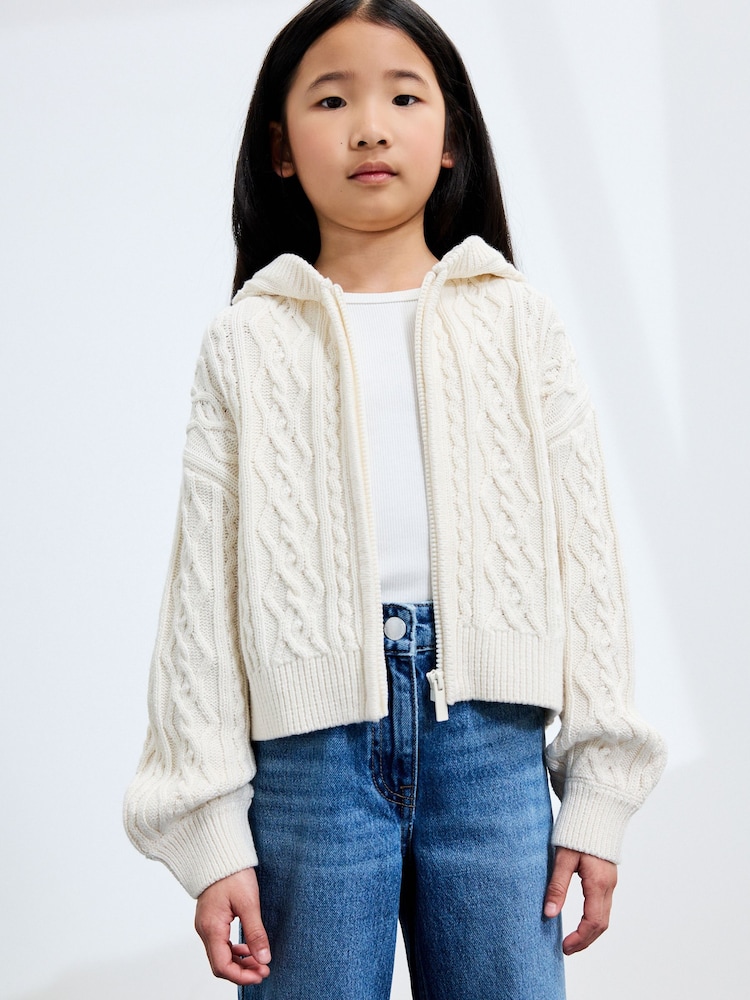 Ecru Zip Through Cable Knit Hoodie (3-16yrs) - Image 1 of 3