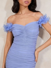 Lipsy Cornflower Blue Bardot 3D Trim Mesh Ruched Bodycon Dress - Image 2 of 4