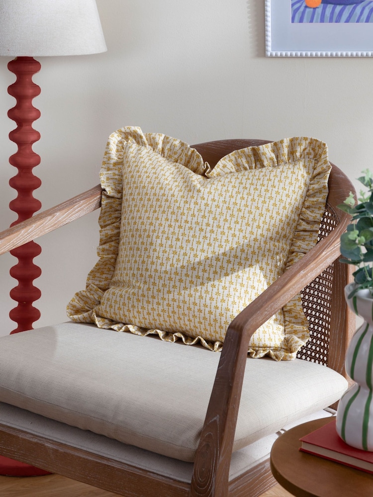 Paoletti Linen Ochre Seventy Three Panni Block Print Cushion - Image 1 of 6