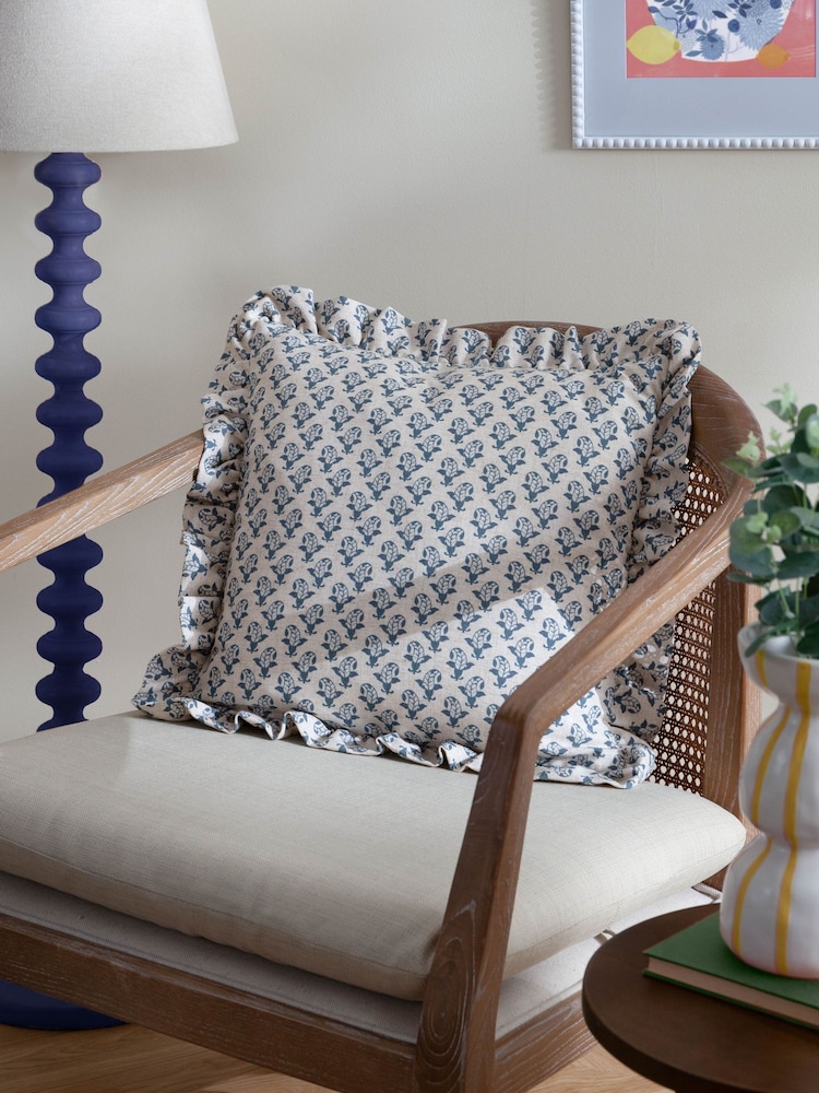 Paoletti Linen Blue Seventy Three Lulah Block Print Cushion - Image 1 of 6