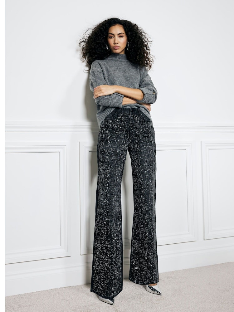 River Island Black High Rise Embellished Relaxed Straight 100% Cotton Jeans - Image 1 of 4