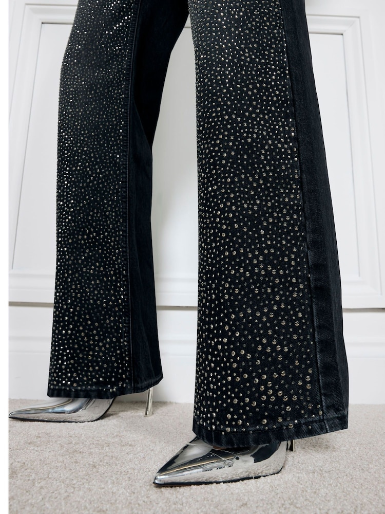 River Island Black High Rise Embellished Relaxed Straight 100% Cotton Jeans - Image 4 of 4