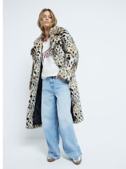 River Island Brown Leopard Print Longline Faux Fur Coats - Image 1 of 4