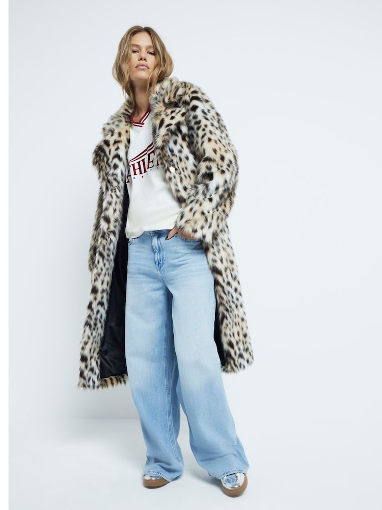 River Island Brown Leopard Print Longline Faux Fur Coats - Image 1 of 4
