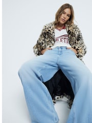 River Island Brown Leopard Print Longline Faux Fur Coats - Image 2 of 4