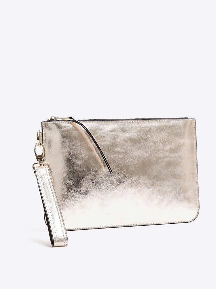 River Island Gold Metallic Leather Pouch Clutch Bag - Image 2 of 5