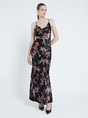 River Island Black Strappy Floral Print Cowl Neck Slip Dress - Image 1 of 4