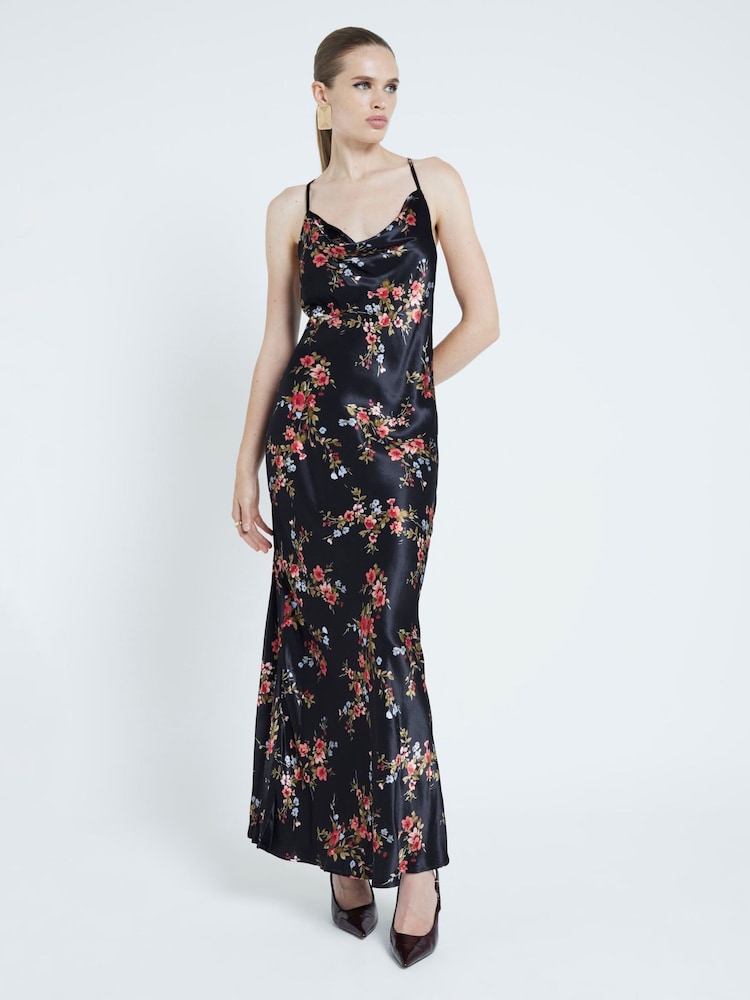 River Island Black Strappy Floral Print Cowl Neck Slip Dress - Image 1 of 4 River Island Black Strappy Floral Print Cowl Neck Slip Dress - Image 1 of 4
