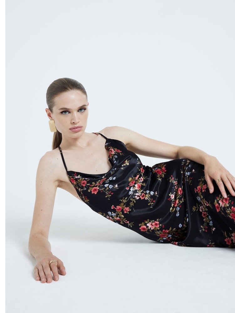 River Island Black Strappy Floral Print Cowl Neck Slip Dress - Image 2 of 4