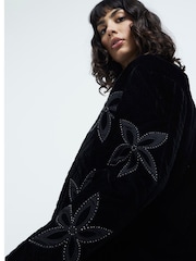 River Island Black Velvet Floral Print Housecoat Jacket - Image 3 of 3