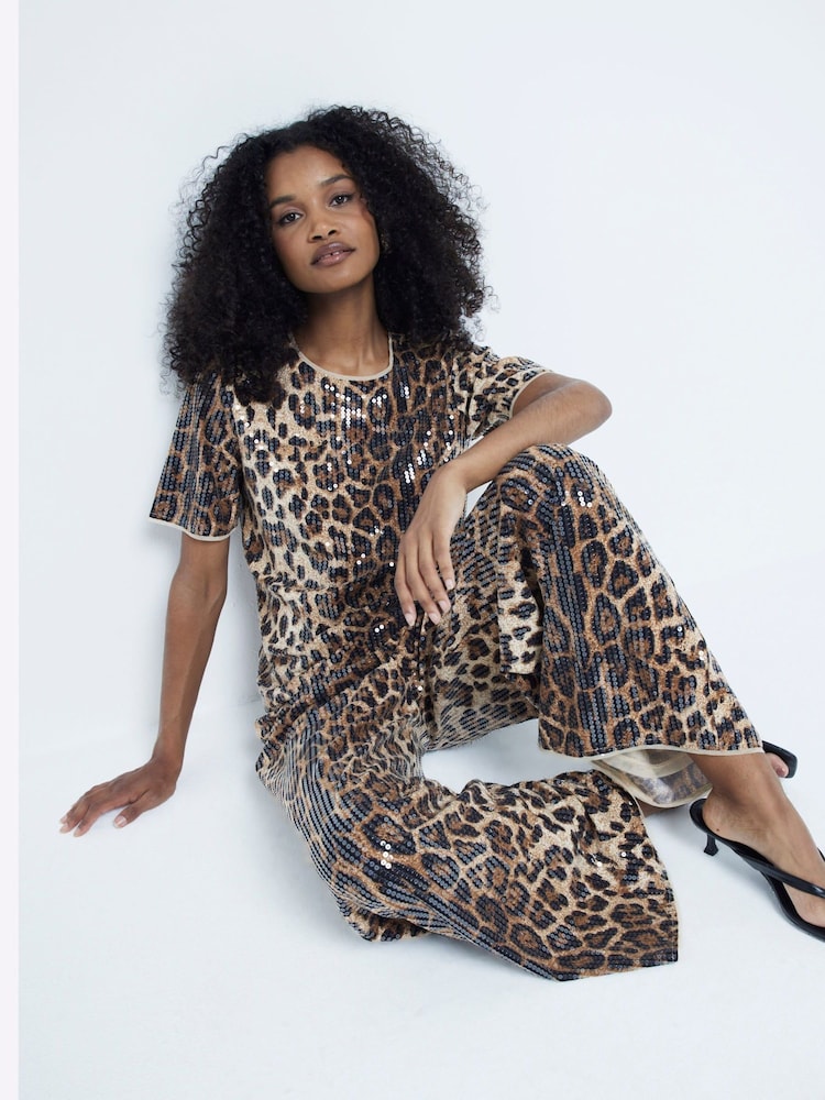 River Island Brown Leopard Print Sequin T-Shirt - Image 2 of 6