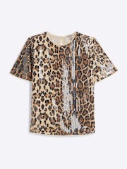 River Island Brown Leopard Print Sequin T-Shirt - Image 5 of 6